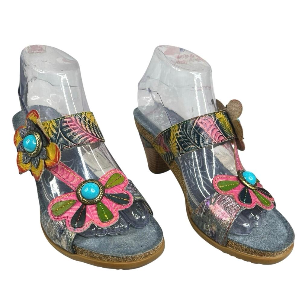 L’artiste By Spring Step Women’s Erbal Blue Floral Heel Sandal Size 38 US 7.5/8 - Picture 5 of 11